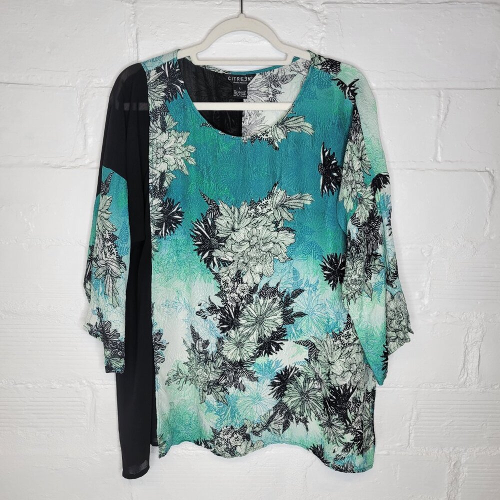 Citron Women's Large Shirt Top Teal Blue Black Flowers